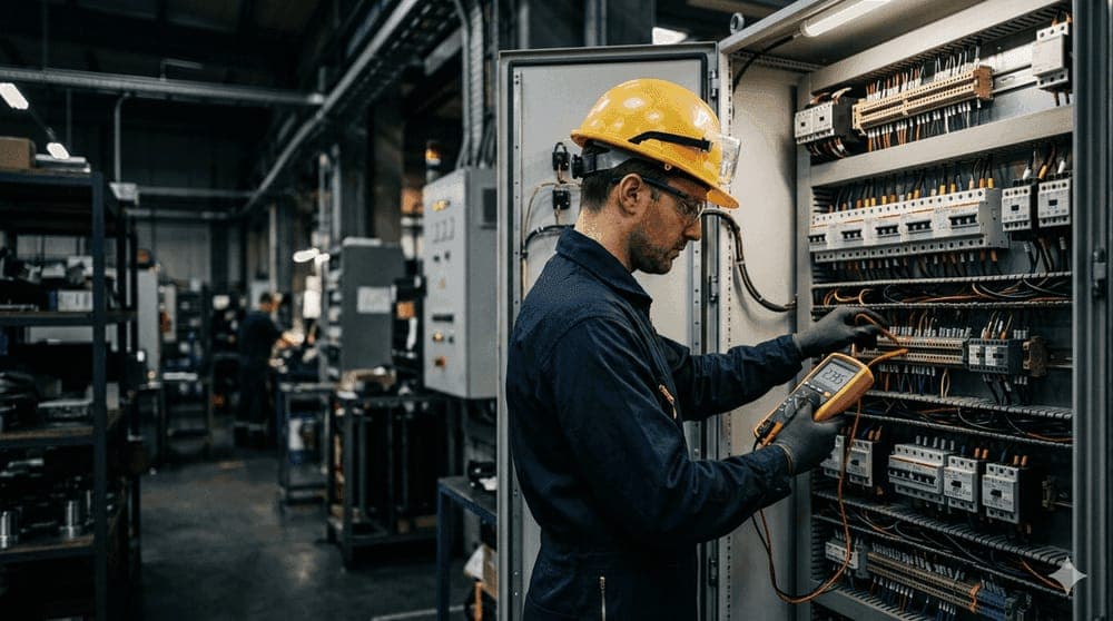 Engineer with Dranetz measurement equipment at industrial plant